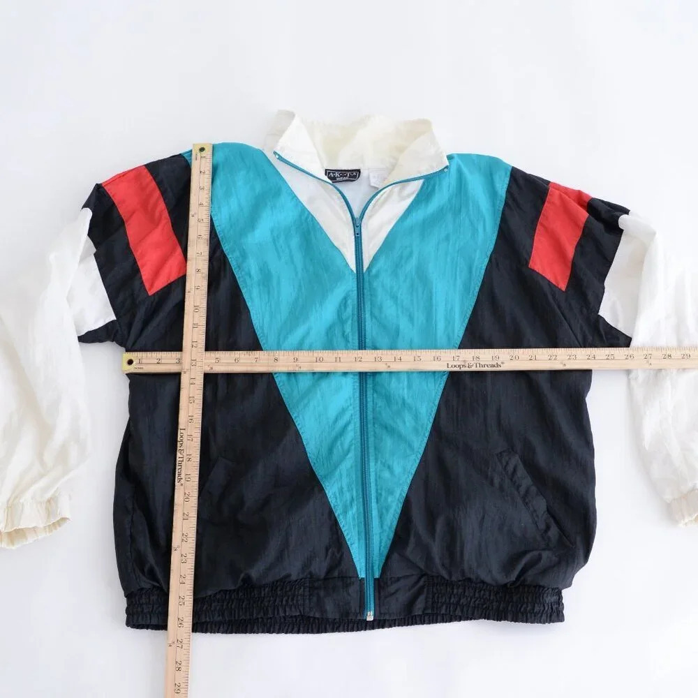 Vintage 80'S Akita Teal & Black Nylon Windbreaker Zip Up Running Jacket Size L - Picture 4 of 11